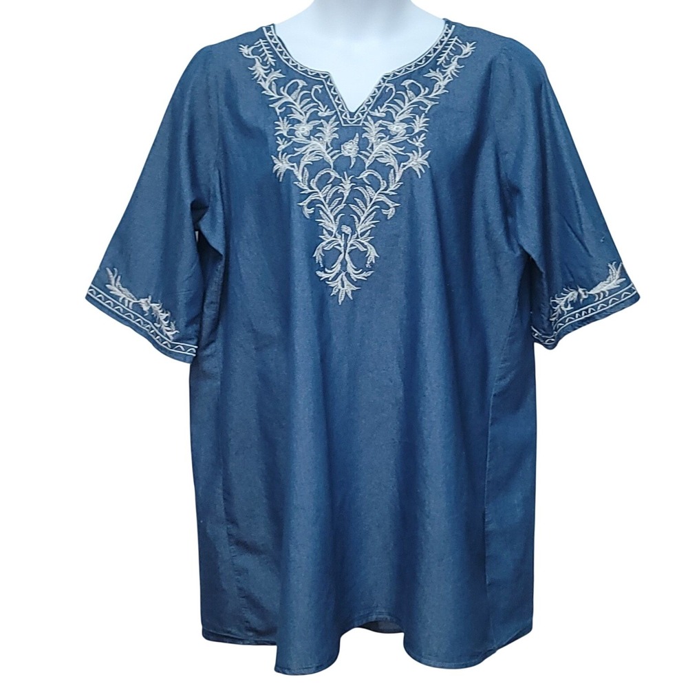 Kindred Chambray Embroidered Short Sleeves Midi Dress Boho Coastal 2Xโ Beach